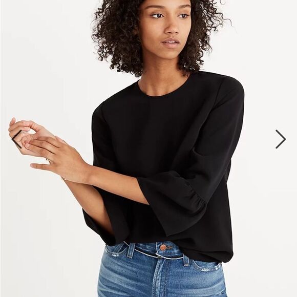 Madewell Black Bell Sleeve Crepe Top with Keyhole Back Sleek and Swingy Top XXS - Picture 2 of 12